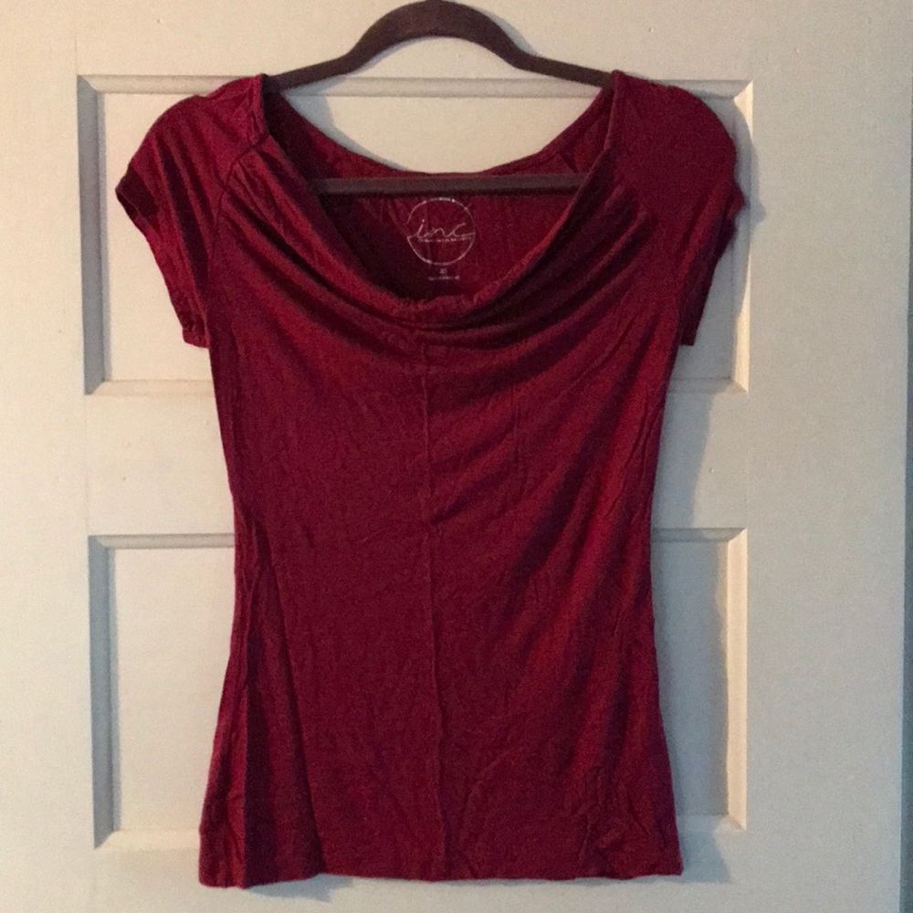 Maroon, XS INC. cap sleeve, boat neck.
